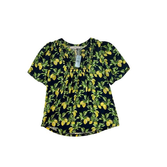 NWT Loft Womens Petite Lemon Print Short Sleeve Top Navy/Yellow Size SMALL 1768 - Picture 1 of 5